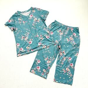Ekouaer Floral Stretch Pajama Set V-Neck Tee & Cropped Pants Pockets M
